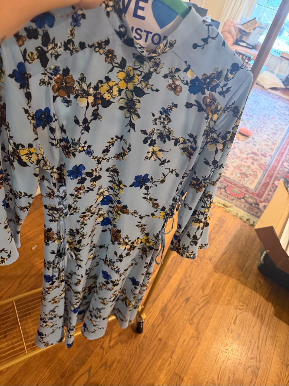 Topshop Light Blue Floral Tie-Waist Long Sleeve Dress